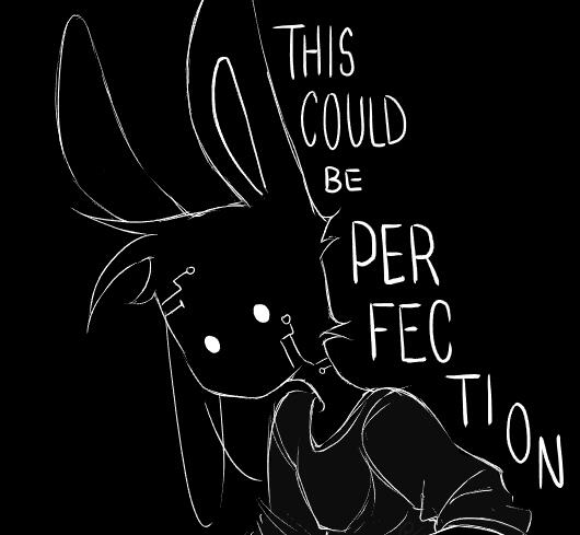 A completely black image, with the drawing of a humanoid rabbit creature painted in white lines. There's circuitry lines all over their face, their eyes are white pinpricks of light and there's wires hanging from their arms and head. The text "THIS COULD B
